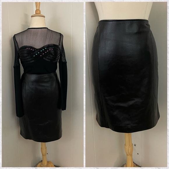 i.e Black Leather Knee Length Pencil Straight Skirt - Picture 2 of 7